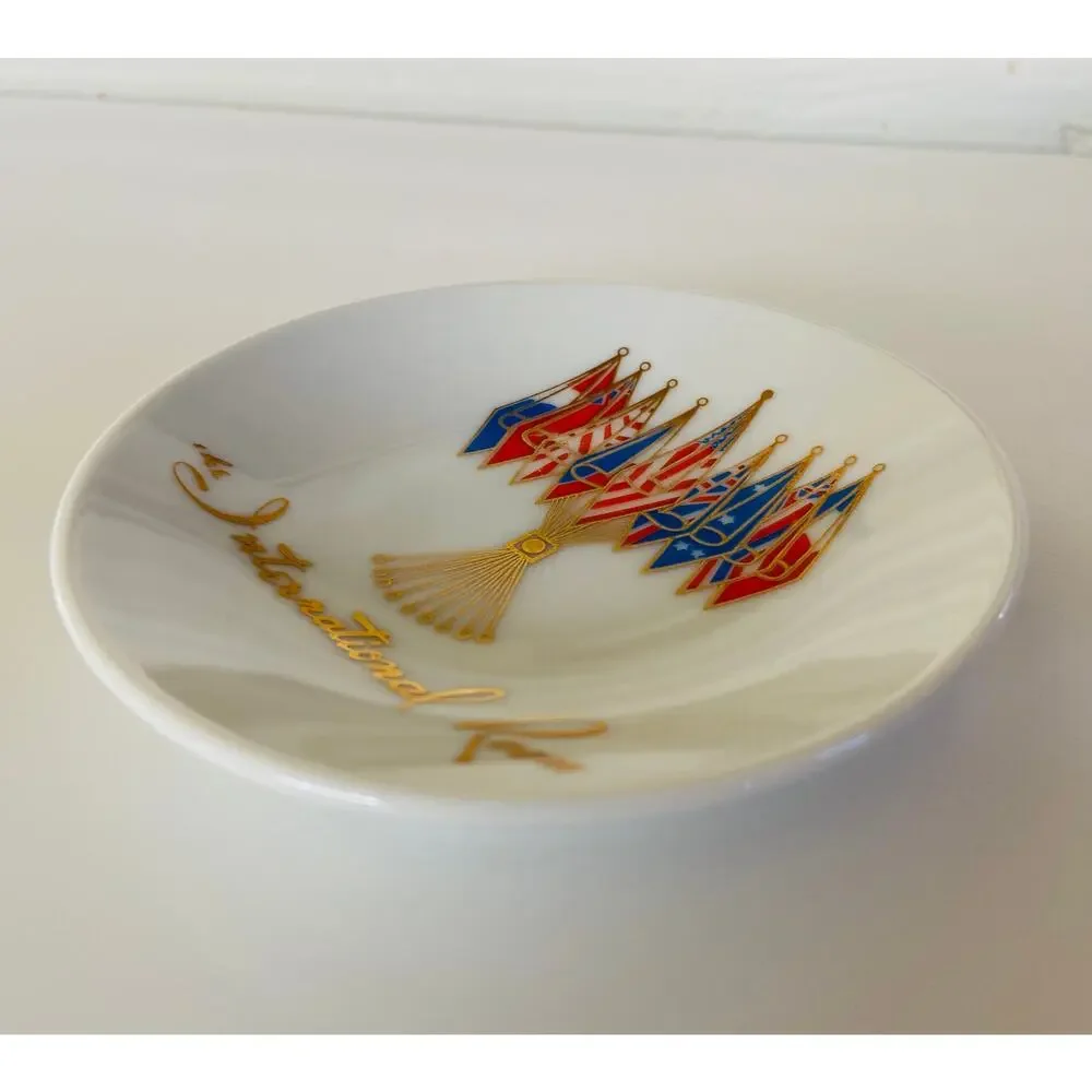 VINTAGE Airport International Room Red & Blue Porcelain 4 in Plate Butter Dish